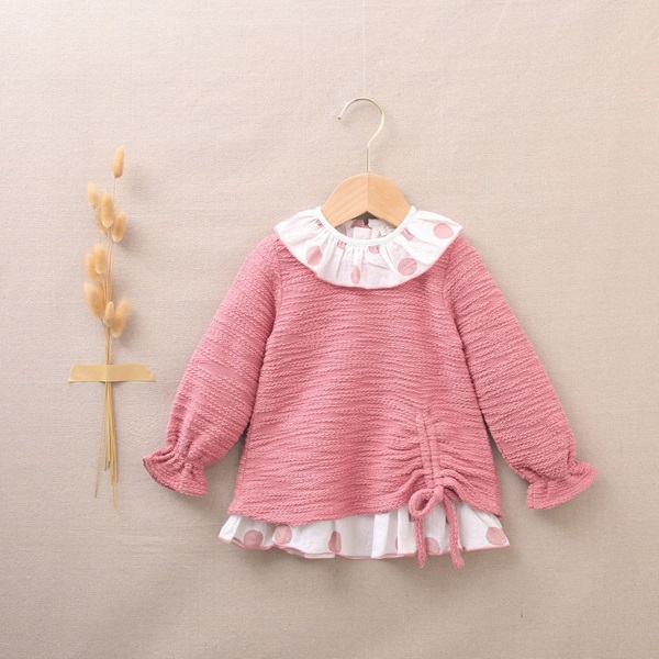 Imagen de Vestido de bebé niña rosa felpa textura combinado con lunares