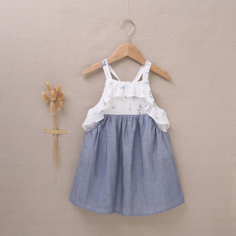 Imagen de Vestido de niña en azul denim combinado con estampado