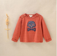 Imagen de Sudadera de bebé niño con parche bordado de calavera en cuadros vichy azul y gris 