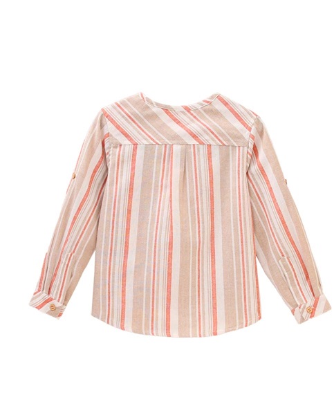 Imagen de Camisa de niño en lino con rayas en tonos blanco, salmón y coral