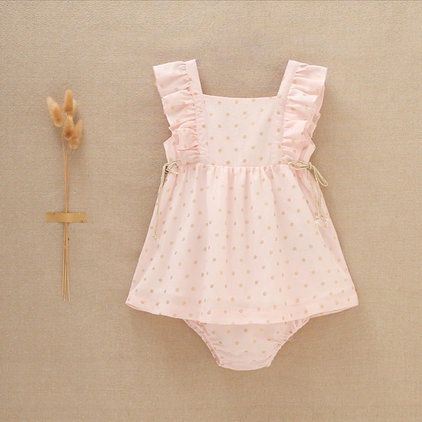 Imagen de Vestido de bebé niña rosa con lunares dorados