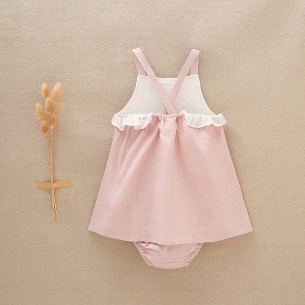 Imagen de Vestido de bebé niña en lino rosa y combinado con estampado