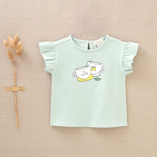Imagen de Camiseta verde para bebé niña con dibujo de tazas
