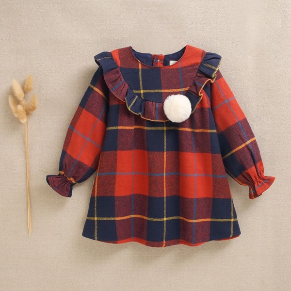 Imagen de Vestido de bebé niña de cuadros tartán rojos y azules con pompón