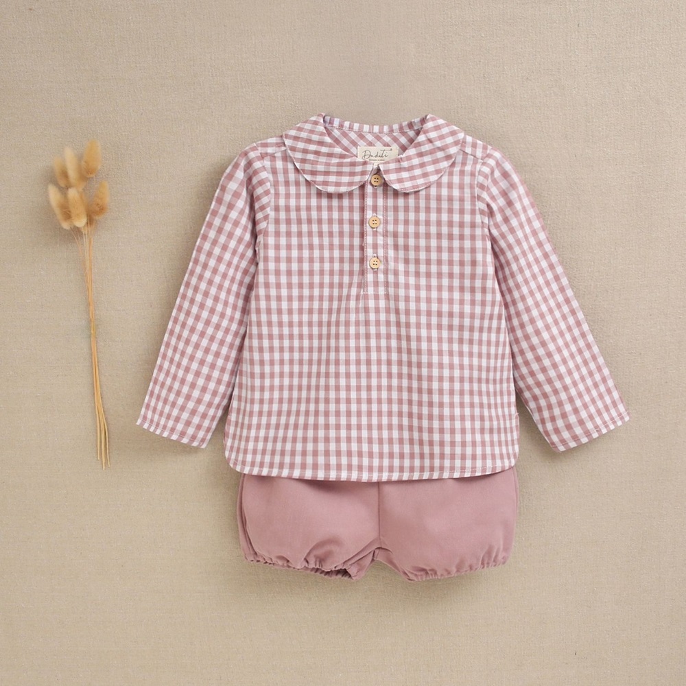 Imagen de Conjunto de bebé niño de camisa de cuadros de vichy y pololo liso malva