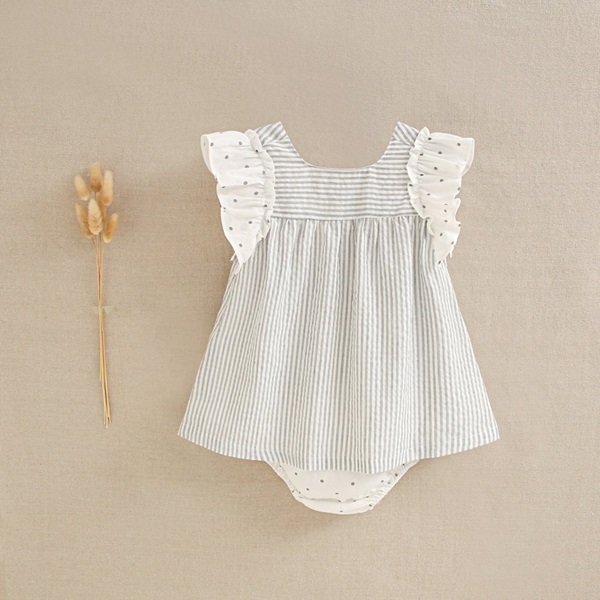 Imagen de Vestido de bebé niña con braguita rayas blancas y grises