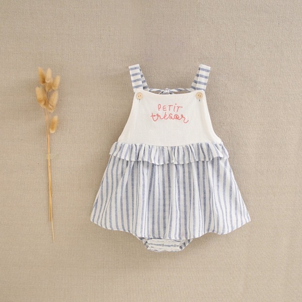 Imagen de Vestido de bebé niña con braguita de rayas blancas y azules