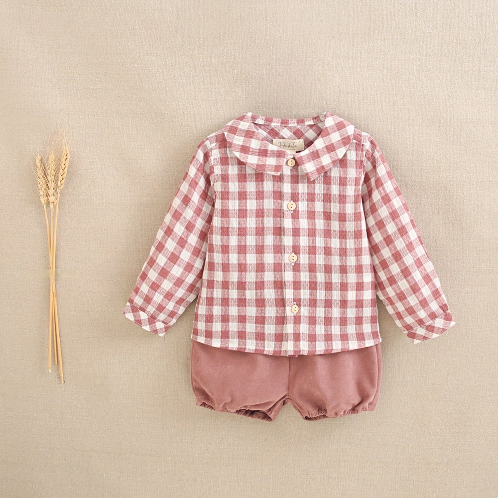 Imagen de Conjunto de bebé niño de camisa en cuadros vichy rosa y blanco y pololo liso