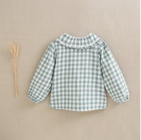 Imagen de Blusa manga larga de franela para niña en cuadros vichy verde agua y blanco con cuello Peter Pan