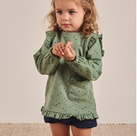 Imagen de Sudadera de bebé niña en verde con topos de purpurina azul