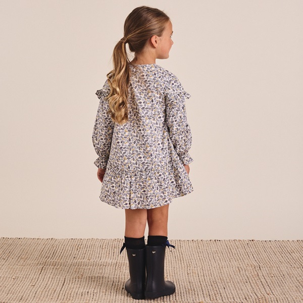 Imagen de Vestido de niña con estampado hojas azul y mostaza