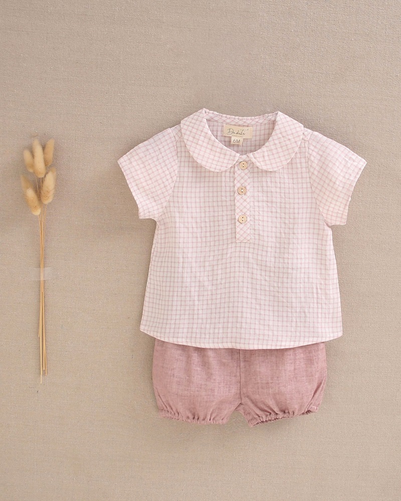 Imagen de Conjunto de bebé niño de camisa de cuadros y short rosa palo