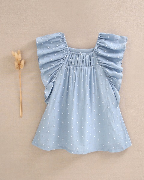 Imagen de Vestido de niña plumeti azul con topos blancos