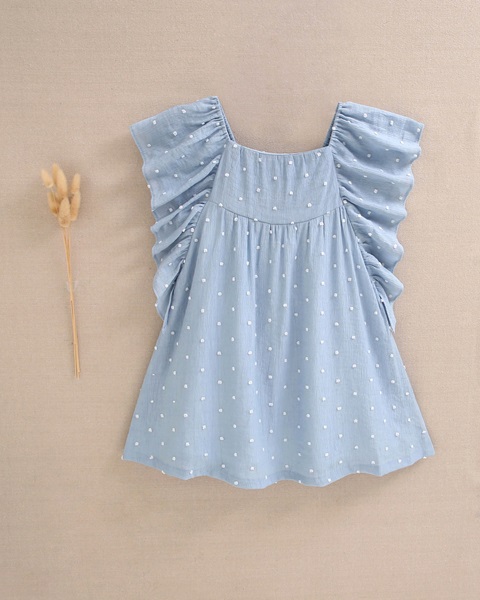 Imagen de Vestido de niña plumeti azul con topos blancos