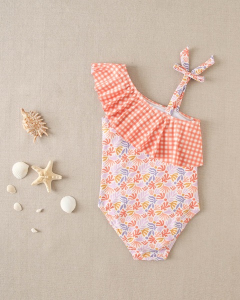 Imagen de Bañador de niña con estampado floral y volante vichy naranja