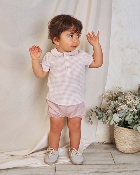 Imagen de Conjunto de bebé niño de camisa de cuadros y short rosa palo