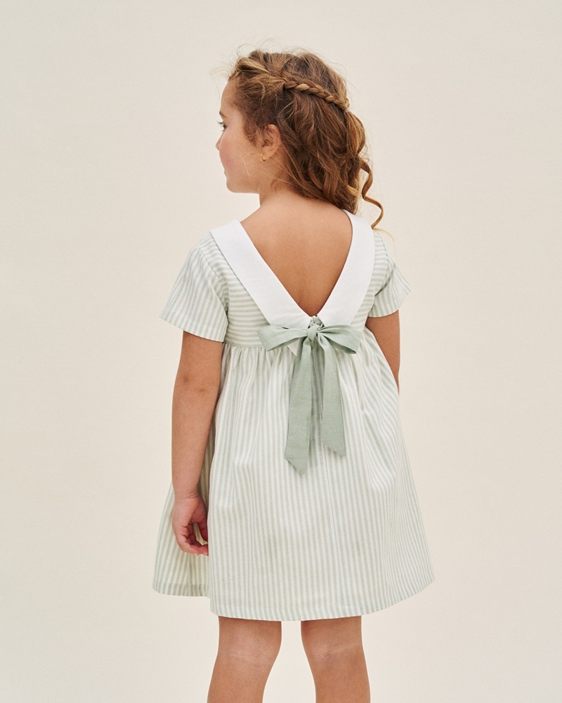 Imagen de Vestido de niña de rayas verde pastel y blanco con lazo