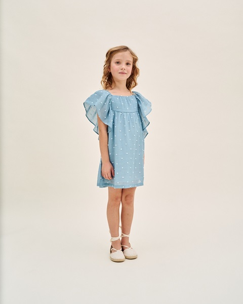 Imagen de Vestido de niña plumeti azul con topos blancos