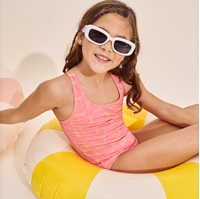 Imagen de Bañador de niña estampado retro fucsia y tirantes naranja