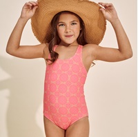 Imagen de Bañador de niña estampado retro fucsia y tirantes naranja